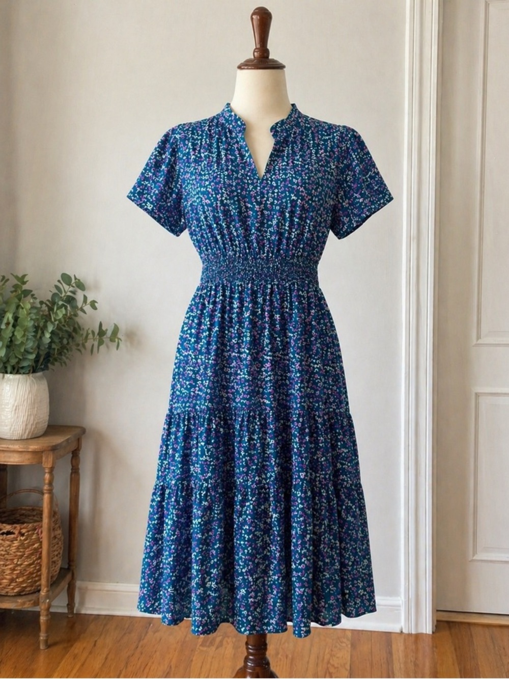 Wedding Guest Teal Floral Smocked Waist Tiered Maxi Dress - XXL